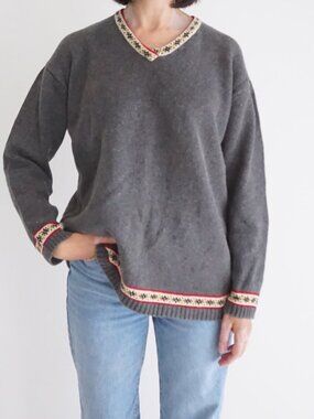 Vintage Jones New York Gray V Neck Contrast Trim Linen Cotton Knit Sweater M